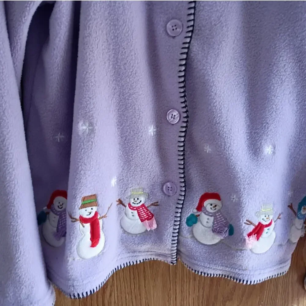 Vintage Snowman Fleece Cardigan M Lilac Purple Embroidered Christmas Cozycore